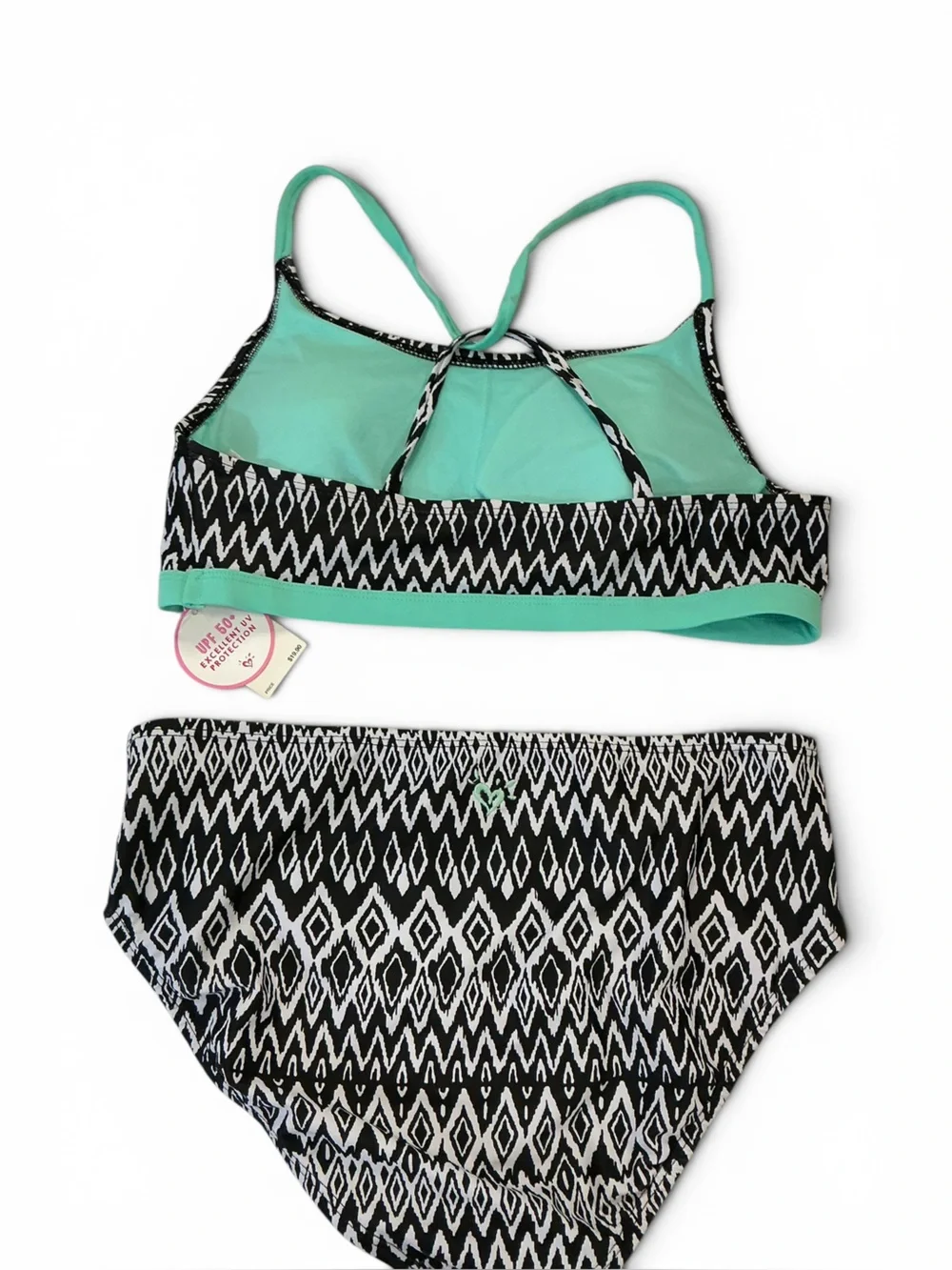 Justice Black & White Geometric Bikini with Mint Accents SPF 50 NWT sz.18